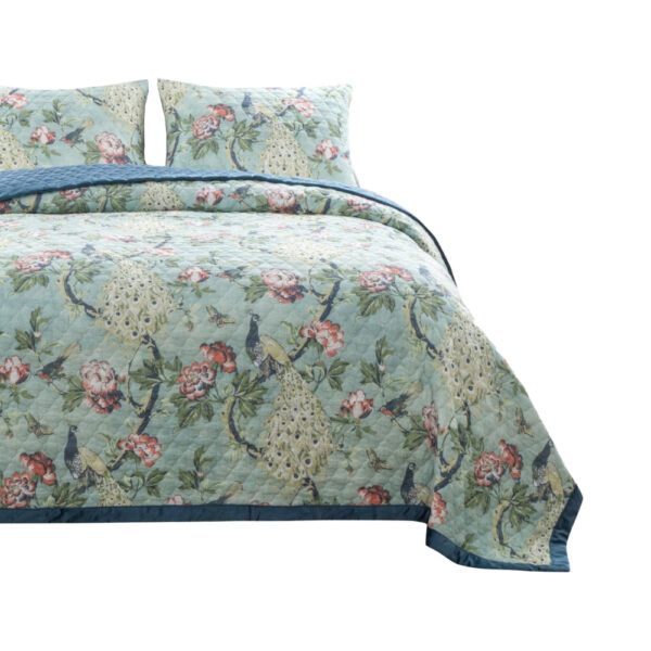Eden 3 Piece King Quilt Set, Peacock Print, Green Microfiber