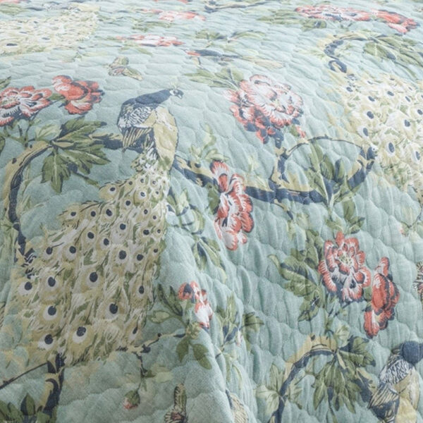 Eden 3 Piece King Quilt Set, Peacock Print, Green Microfiber
