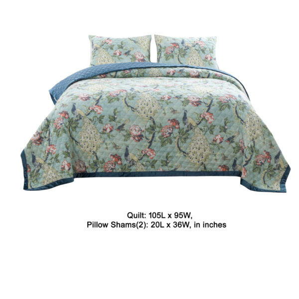 Eden 3 Piece King Quilt Set, Peacock Print, Green Microfiber