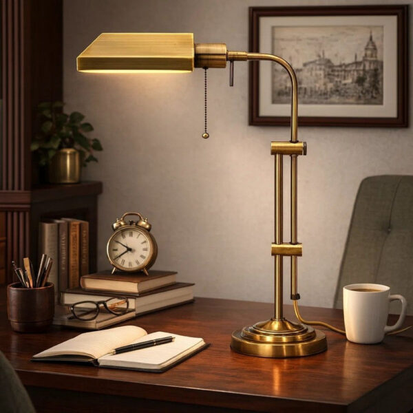 Metal Rectangular Desk Lamp with Adjustable Pole, Gold