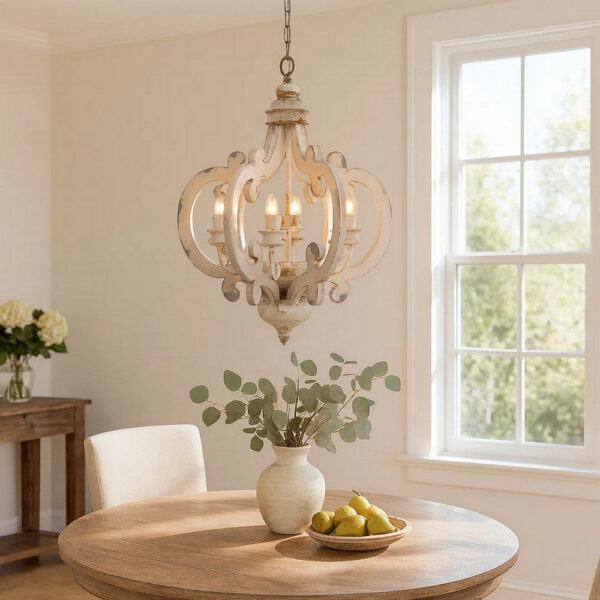 Aki 21 Inch 6 Light Chandelier, Carved Wood Frame, Classic, Vintage, White