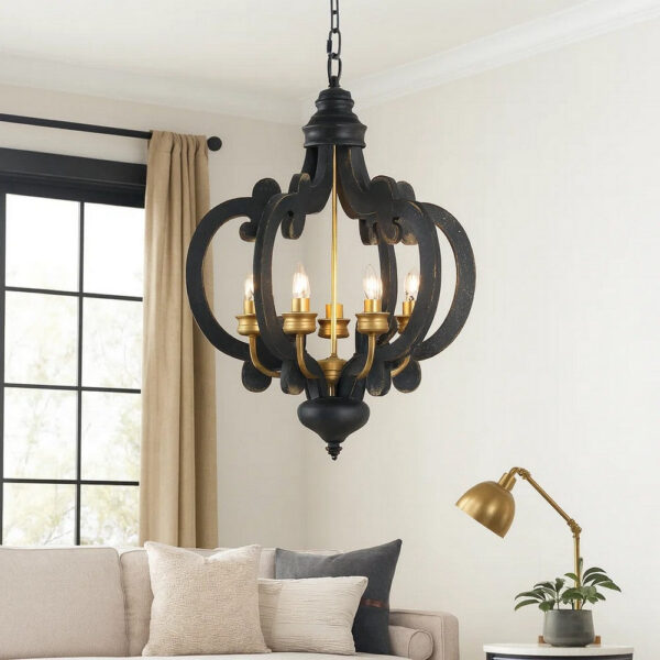 Aki 21 Inch Carved Wood Chandelier, 6 Lights, Vintage Classic, Black, Gold