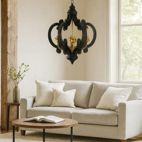 Aki 21 Inch Carved Wood Chandelier, 6 Lights, Vintage Classic, Black, Gold