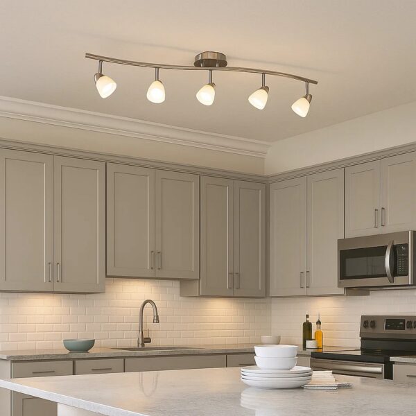 5 Light 120V Metal Track Light Fixture with Glass Shade, White and Silver