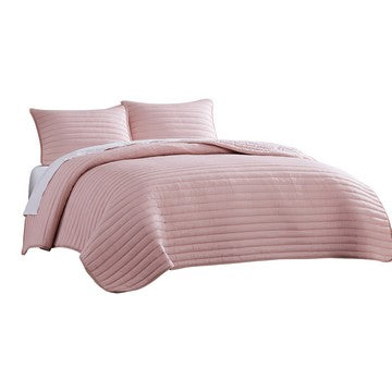 Cabe 3 Piece Queen Comforter Set, Polyester Puffer Channel Quilt, Rose Pink