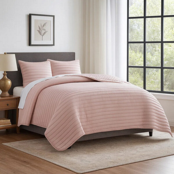 Cabe 3 Piece Queen Comforter Set, Polyester Puffer Channel Quilt, Rose Pink