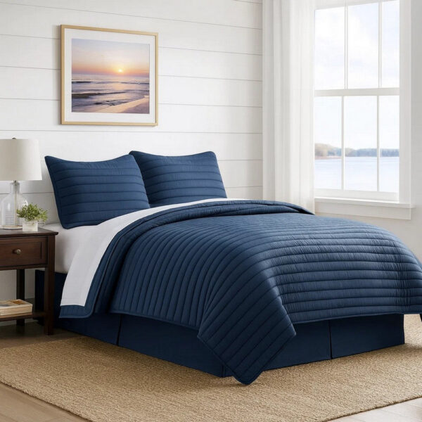 Cabe 3 Piece Queen Comforter Set, Polyester Puffer Channel Quilt, Navy Blue