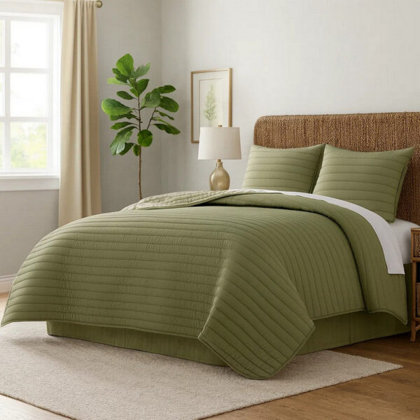 Cabe 3 Piece Queen Comforter Set, Polyester Puffer Channel Quilted, Green