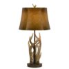 150 Watt Leatherette Shade Table Lamp with Antler Polyresin Base, Brown