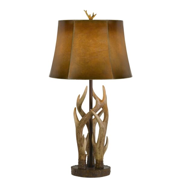 150 Watt Leatherette Shade Table Lamp with Antler Polyresin Base, Brown