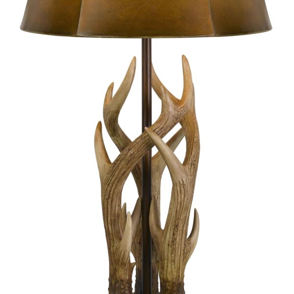 150 Watt Leatherette Shade Table Lamp with Antler Polyresin Base, Brown