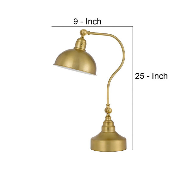 25 Inch Metal Curved Desk Lamp, Adjustable Dome Shade, Brass