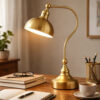 25 Inch Metal Curved Desk Lamp, Adjustable Dome Shade, Brass