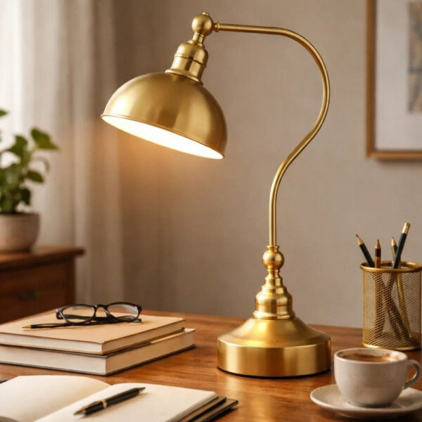 25 Inch Metal Curved Desk Lamp, Adjustable Dome Shade, Brass