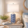 27 Inch Coastal Ceramic Table Lamp, Dimmer, Sea Shells, Blue