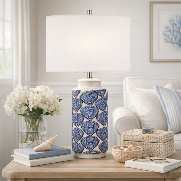 27 Inch Coastal Ceramic Table Lamp, Dimmer, Sea Shells, Blue