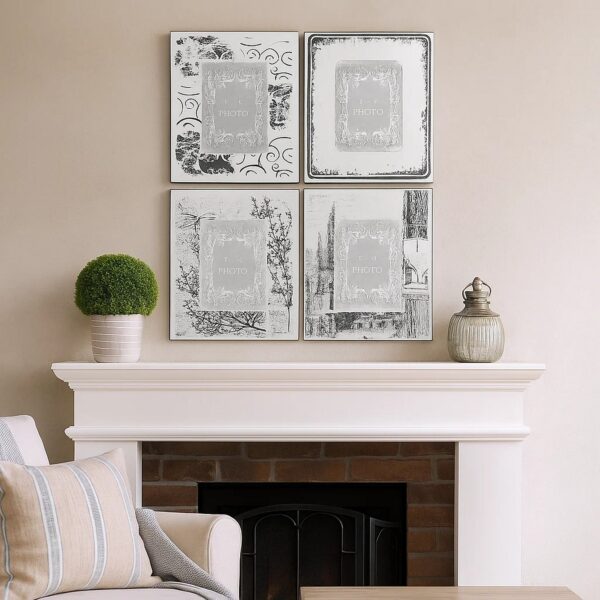 Modern Etched Wooden Photo Frames, Large, Set of 4, Silver