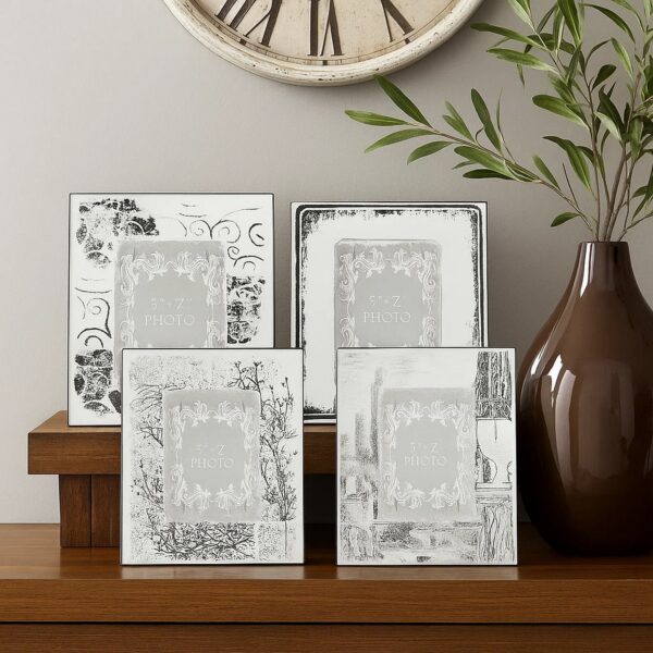 Modern Etched Wooden Photo Frames, Large, Set of 4, Silver