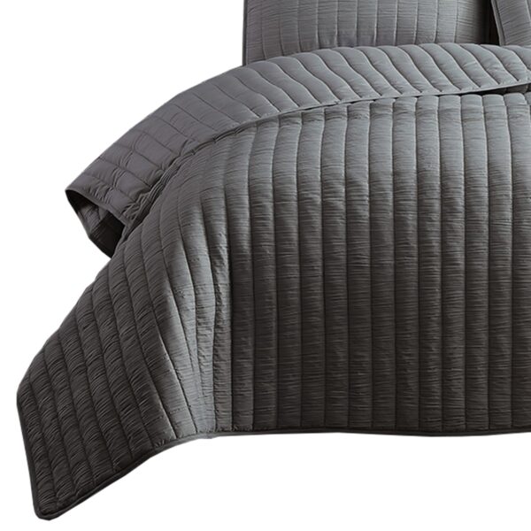 3 Piece Crinkles Queen Size Coverlet Set with Vertical Stitching, Gray