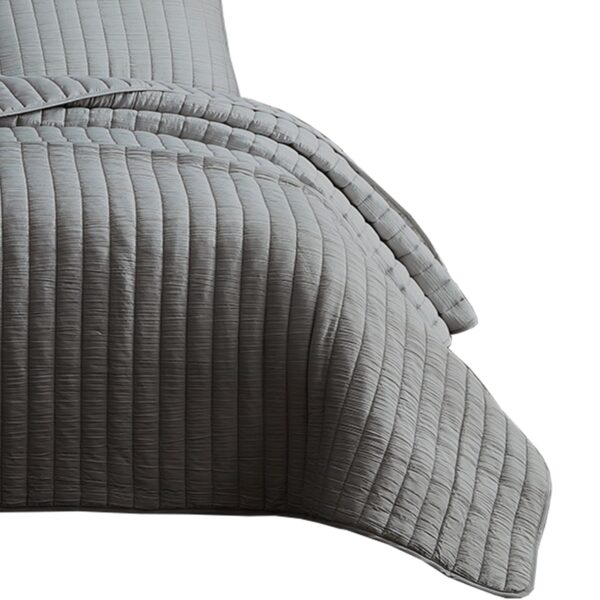 3 Piece Crinkles Queen Size Coverlet Set with Vertical Stitching, Gray