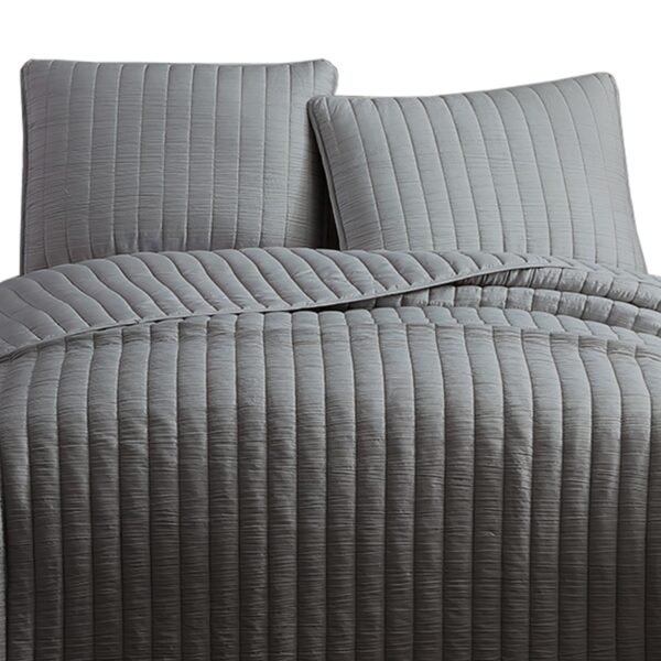 3 Piece Crinkles Queen Size Coverlet Set with Vertical Stitching, Gray