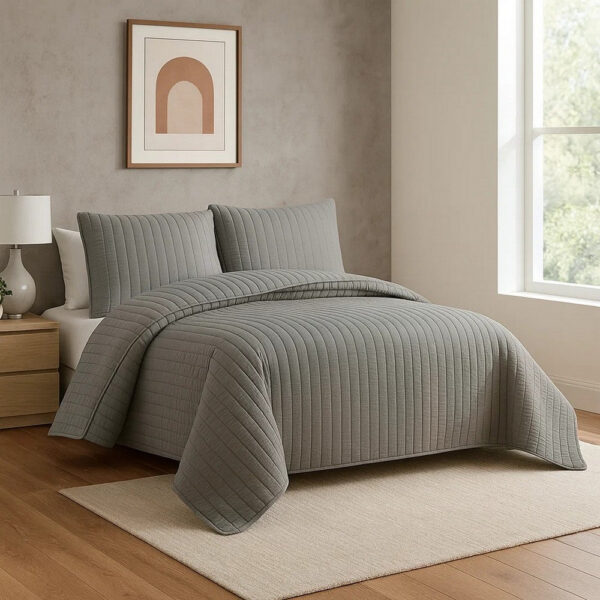 3 Piece Crinkles Queen Size Coverlet Set with Vertical Stitching, Gray