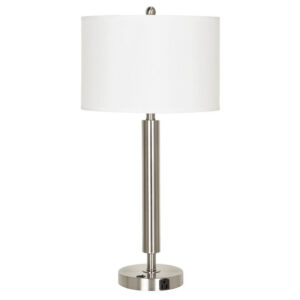 Metal Table Lamp with Fabric Drum Shade, White and Silver
