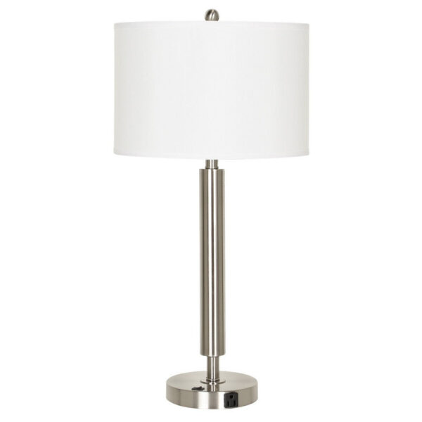 Metal Table Lamp with Fabric Drum Shade, White and Silver