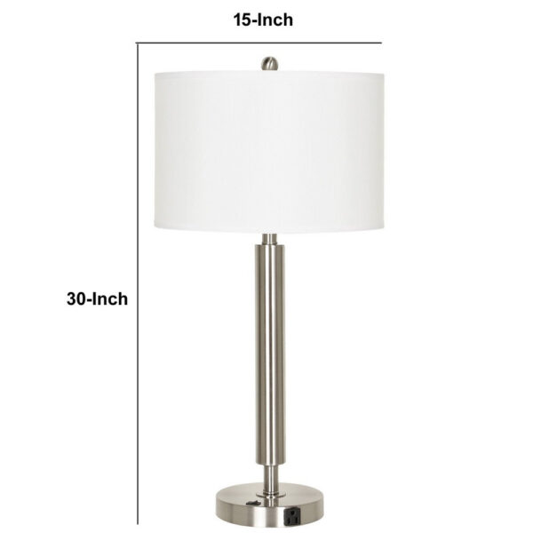 Metal Table Lamp with Fabric Drum Shade, White and Silver
