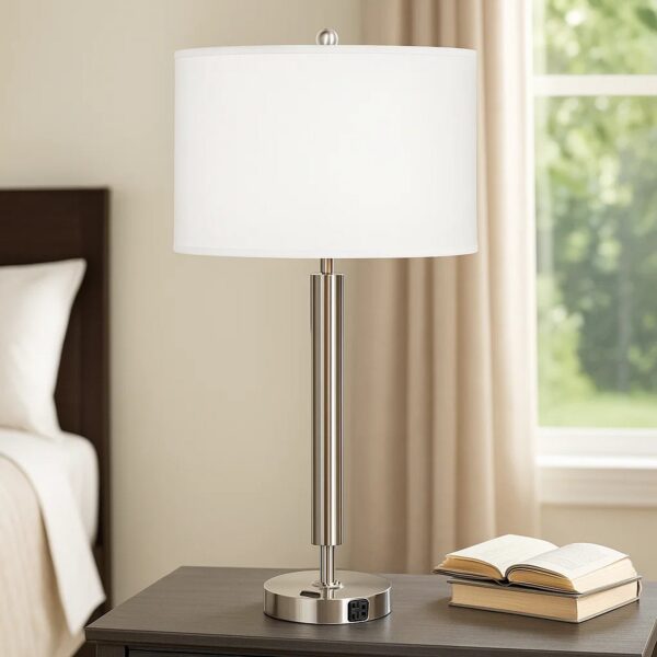 Metal Table Lamp with Fabric Drum Shade, White and Silver