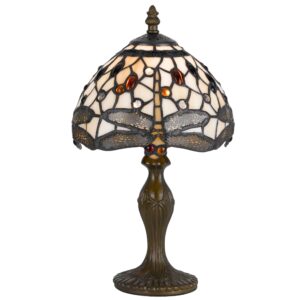 Metal Body Tiffany Table Lamp with Dragonfly Design Shade, Multicolor