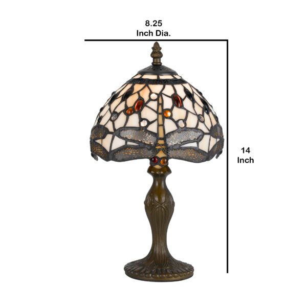 Metal Body Tiffany Table Lamp with Dragonfly Design Shade, Multicolor