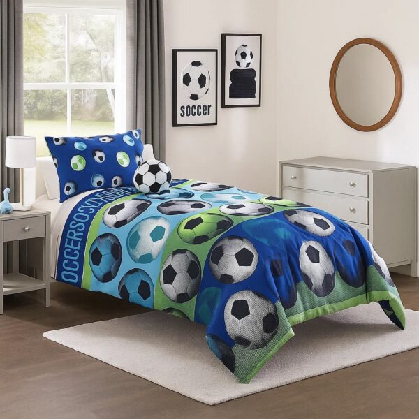4 Piece Full Size Comforter Set with Soccer Theme, Multicolor