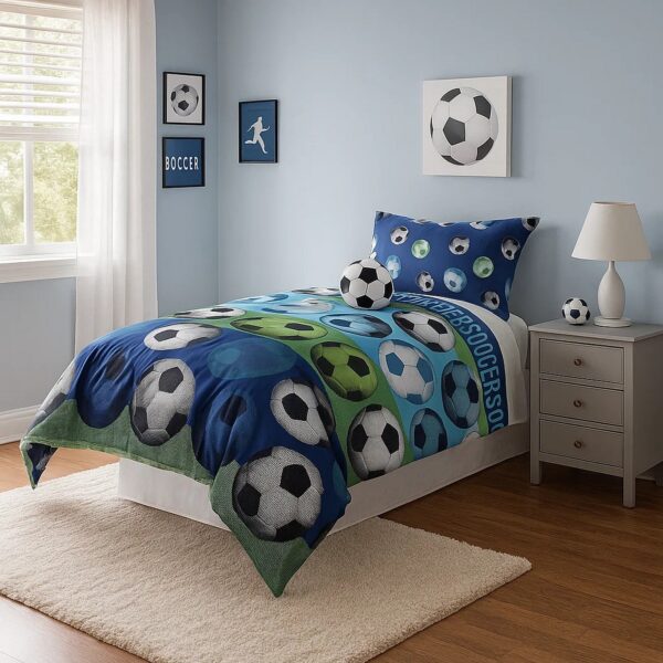 4 Piece Full Size Comforter Set with Soccer Theme, Multicolor