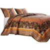 3 Piece King Quilt Set, Bohemian, Jacobean Floral Print, Brown, Orange