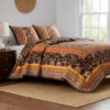 3 Piece King Quilt Set, Bohemian, Jacobean Floral Print, Brown, Orange