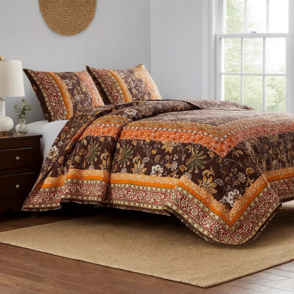 3 Piece King Quilt Set, Bohemian, Jacobean Floral Print, Brown, Orange