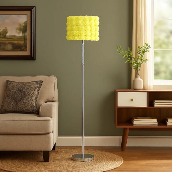 Finn 63 Inch Glamorous Floor Lamp, Rose Accent Shade, 100W, Yellow, Silver