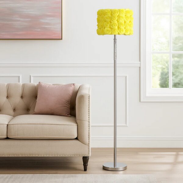 Finn 63 Inch Glamorous Floor Lamp, Rose Accent Shade, 100W, Yellow, Silver