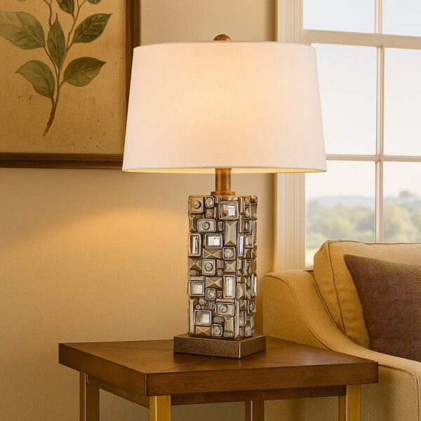 Table Lamp with Abstract Mirror Block Base, Bronze