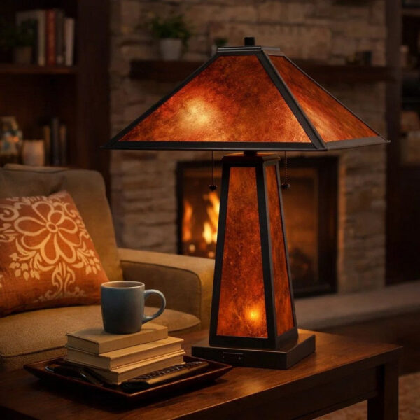 24 Inch Elegant Mica Table Lamp With Night Light, Pull Chain Switch