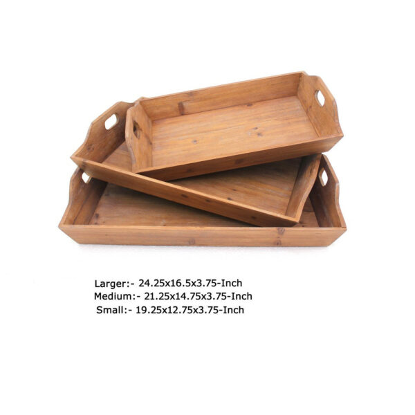 Rectangular Wooden Serving Tray with Cut Out Handles, Set of 3, Brown