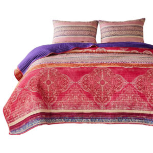 Dora 3 Piece Bohemian King Quilt Set, Medallion, Paisley, Pink, Blue