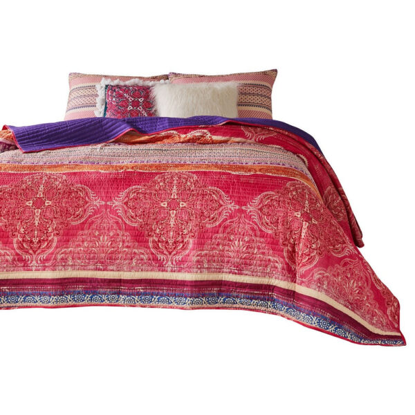 Dora 3 Piece Bohemian King Quilt Set, Medallion, Paisley, Pink, Blue