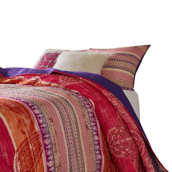 Dora 3 Piece Bohemian King Quilt Set, Medallion, Paisley, Pink, Blue