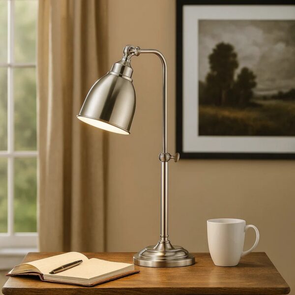 Metal Round 25" Table Lamp with Adjustable Pole, Silver