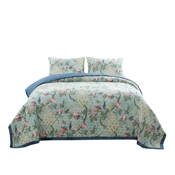 Eden 2 Piece Twin XL Quilt Set, Peacock and Songbirds, Green Microfiber