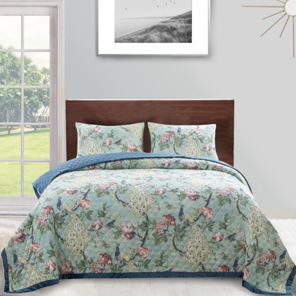 Eden 2 Piece Twin XL Quilt Set, Peacock and Songbirds, Green Microfiber