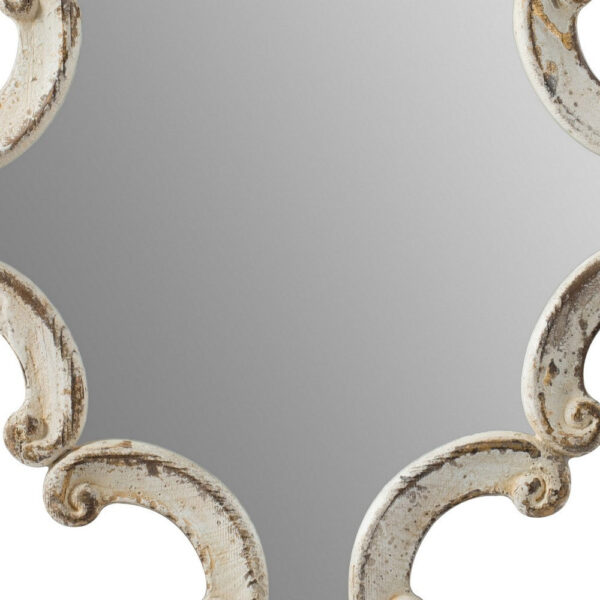 30 Inch Accent Wall Mirror, Carved Ornate Scrollwork Antique White Fir Wood