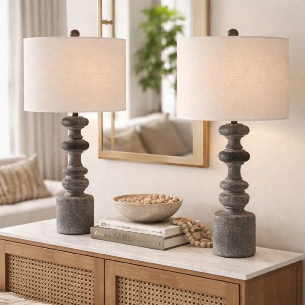 31 Inch Accent Table Lamp, Resin Turned Base, Set of 2, Beige, Gray